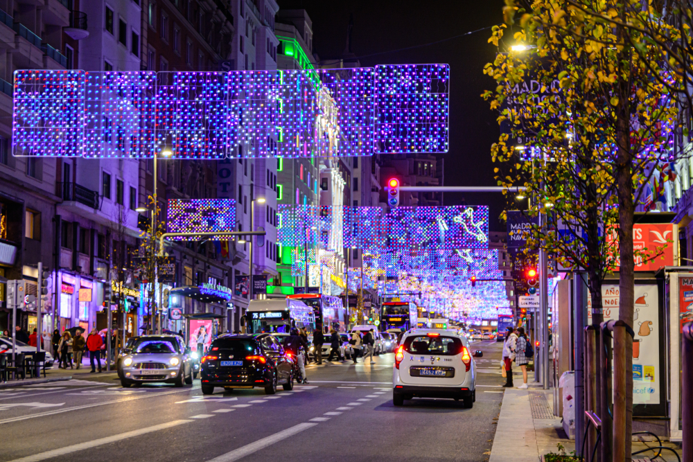 Traffic on Gran Via Street in Madrid during the holiday season.