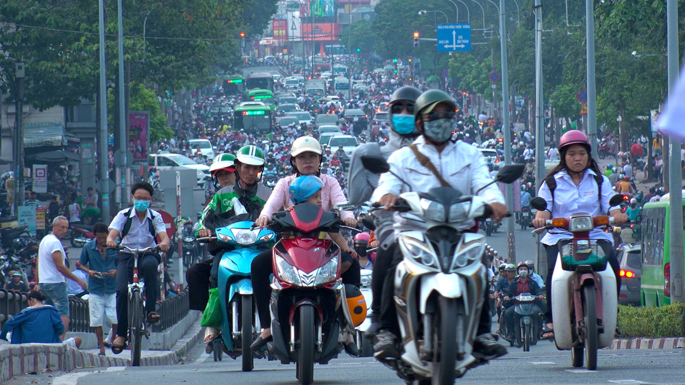 Motorcycles are a popular mode of transport in Vietnam, and helmets are required.