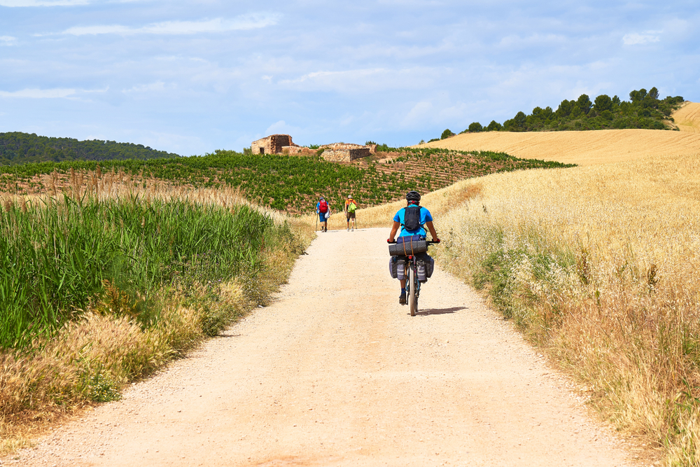 A cyclist pedals along a path of the Camino de Santiago. The northwest of the country has a Mediterranean climate with cool, dry summers. 