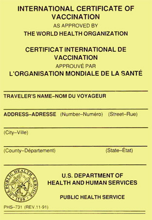 Immunization Certificate from the US Centers for Disease Control