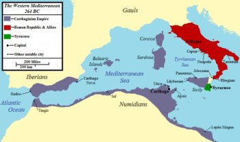 Map of the powers involved in the First Punic War, 264 BCE