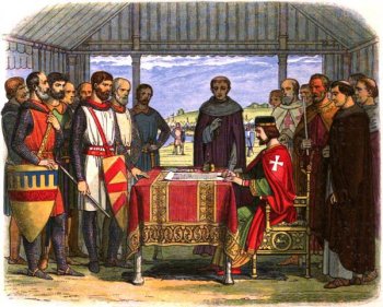 A 19th century painting depicts King John signing the Magna Carta.