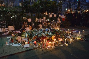 Memorial to police officer Ahmed Merabet, one of the victims of the Charlie Hebdo shooting in Paris on January 7, 2015.