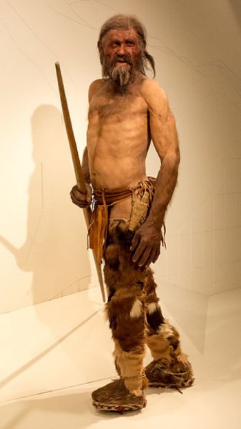 Reconstruction of Ötzi the Iceman, who is discovered in northern Italy in 2001.