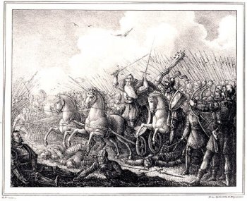 An early 19th century etching portrays the Battle of Bavalla, in which Estonian soldiers fight alongside Swedes.