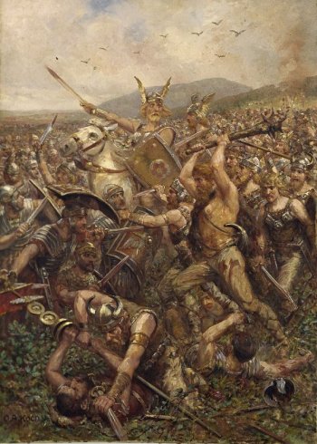 Depiction of Germanic warriors storming the field in the Battle of Teutoburg Forest, 9 CE