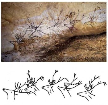 Cave painting from the Lascaux cave, with interpretive drawing.