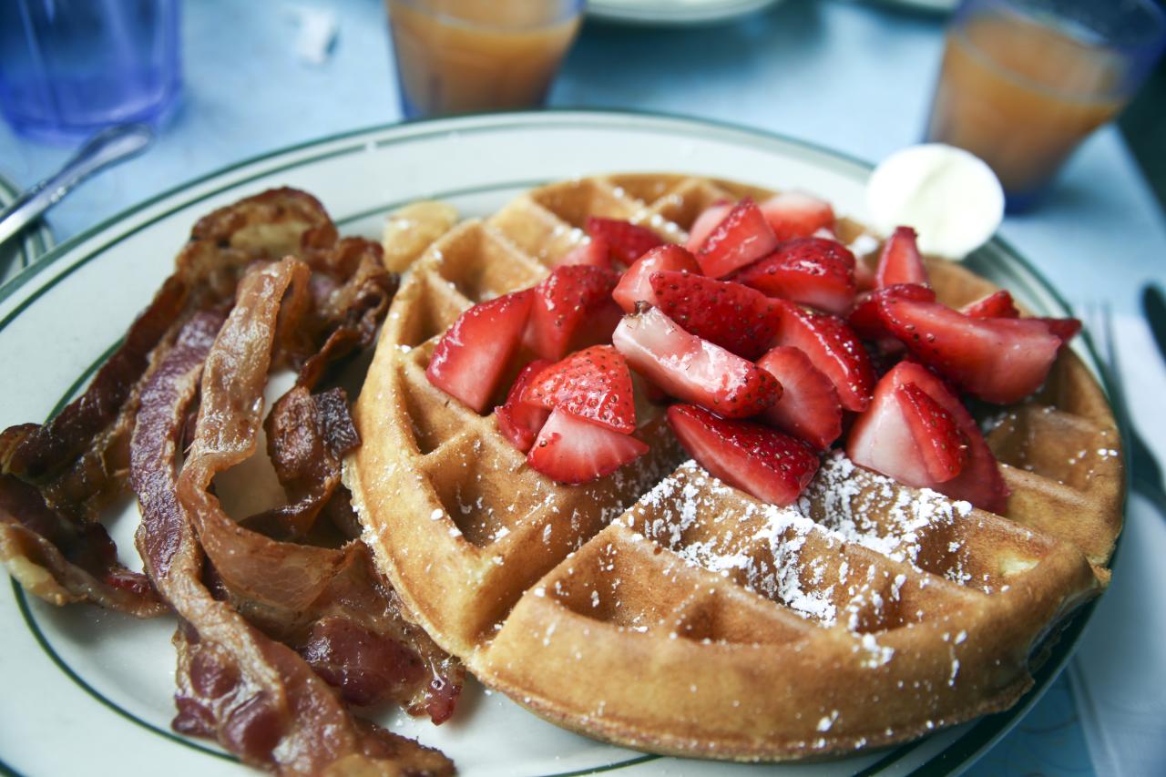 A breakfast of bacon and waffles