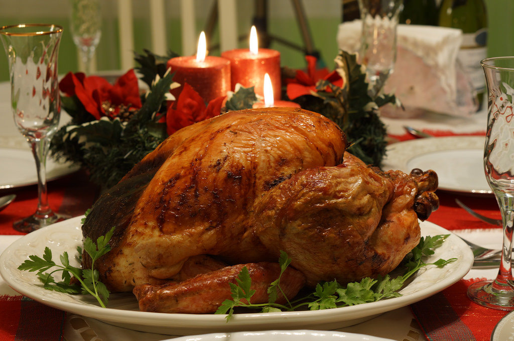 Roast turkey is typically the centerpiece of the Thanksgiving feast.