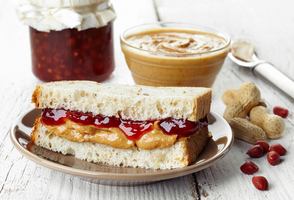 Peanut Butter and Jelly Sandwich made with creamy peanut butter.