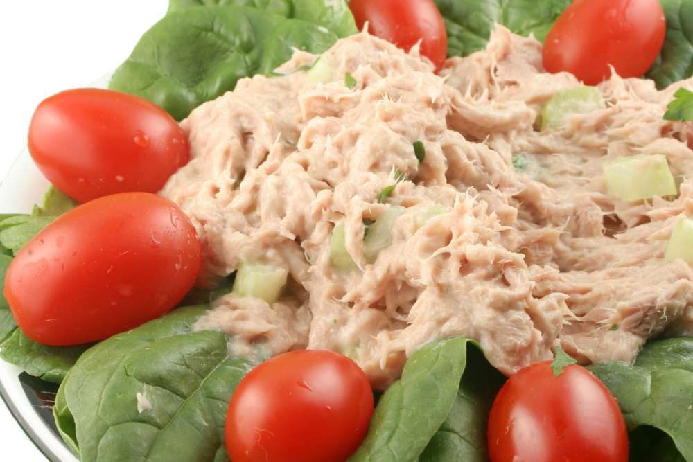 Tuna Salad Served Over Spinach with Tomatoes on the Side