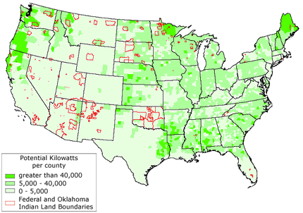 United States map showing biomass and biofuels resource potential
