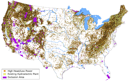 Map of existing hydroelectric plants and potential high head/low power energy sites in the conterminous United States
