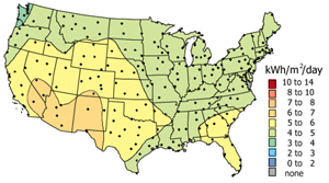 United States map showing annual average daily solar radiation per month