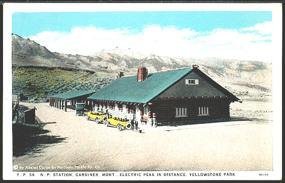 <p>Y.P. 56 N.P. Station, Gardiner, Mont. Electric Peak In Distance, Yellowstone Park</p>